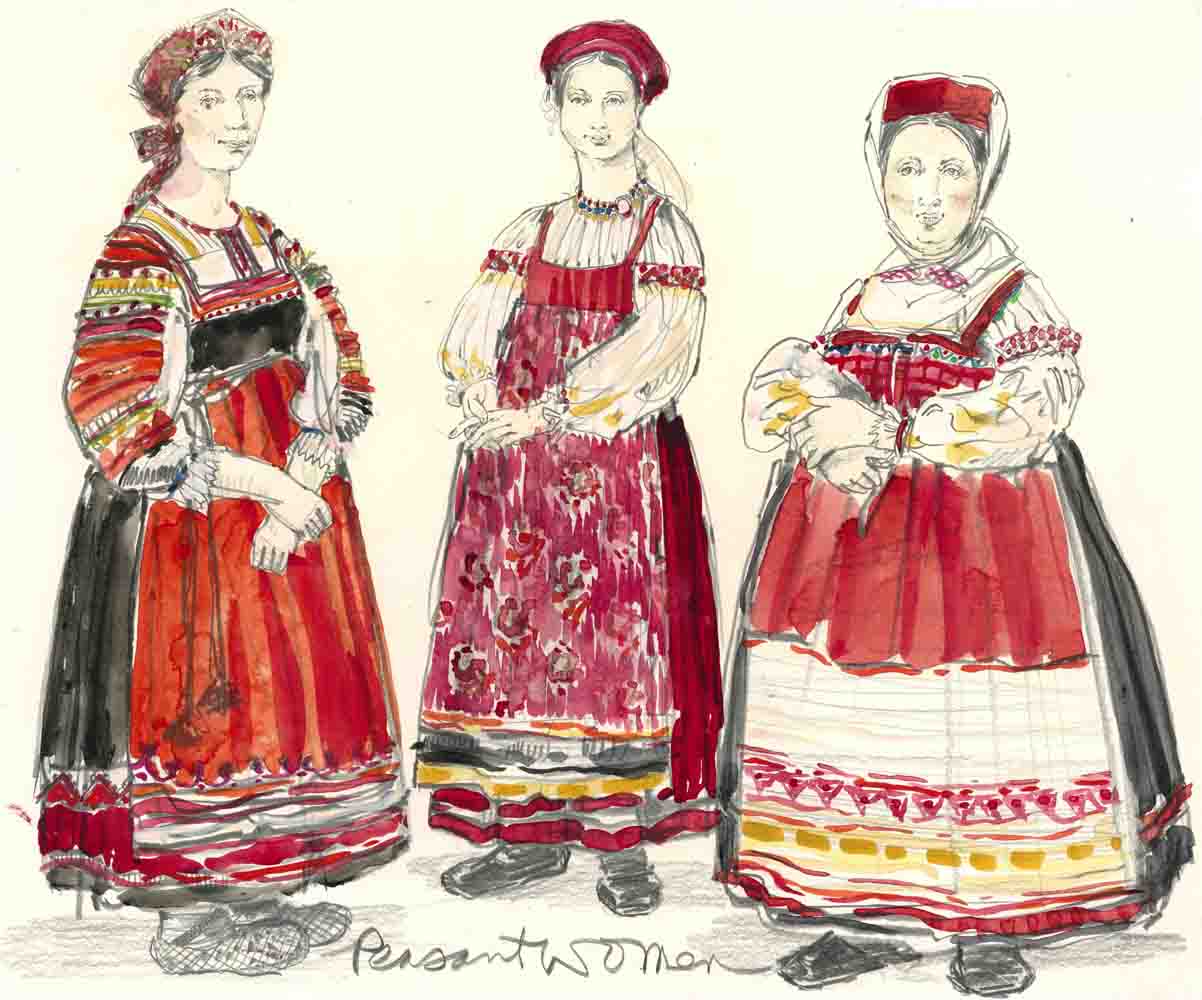 Sketch for Mary Lou Rosato as Pevronya Poshlyopkina, Renee Lippin as Avdotya, and Lynne Charnay as Mme. Rastakovsky as Peasant Women, The Inspector General, Watercolor/ Graphite/ Ink on Paper, 14 x 17 inches